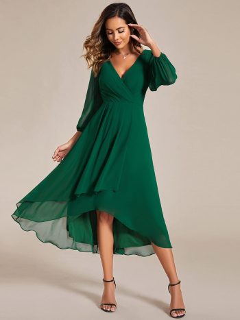 Long Sleeves Asymmetrical Hem A-Line Midi Wedding Guest Dress - Dark Green