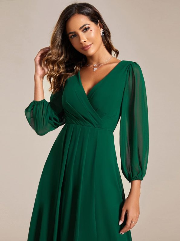 Long Sleeves Asymmetrical Hem A-Line Midi Wedding Guest Dress - Dark Green