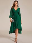 Long Sleeves Asymmetrical Hem A-Line Midi Wedding Guest Dress – Dark Green