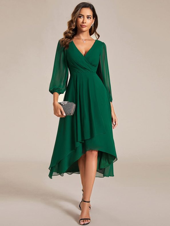 Long Sleeves Asymmetrical Hem A-Line Midi Wedding Guest Dress - Dark Green