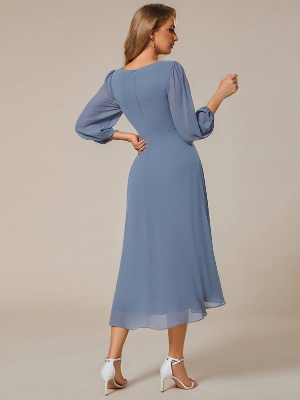 Long Sleeves Asymmetrical Hem A-Line Midi Wedding Guest Dress - Dusty Navy