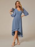 Long Sleeves Asymmetrical Hem A-Line Midi Wedding Guest Dress – Dusty Navy