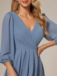 Long Sleeves Asymmetrical Hem A-Line Midi Wedding Guest Dress – Dusty Navy