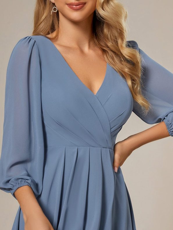 Long Sleeves Asymmetrical Hem A-Line Midi Wedding Guest Dress - Dusty Navy