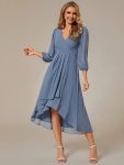 Long Sleeves Asymmetrical Hem A-Line Midi Wedding Guest Dress – Dusty Navy