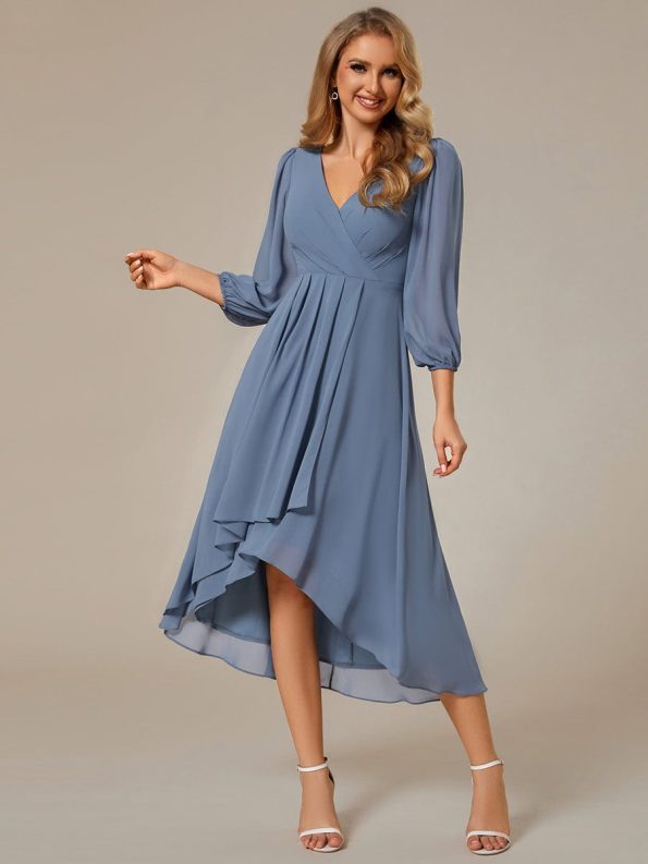 Long Sleeves Asymmetrical Hem A-Line Midi Wedding Guest Dress - Dusty Navy