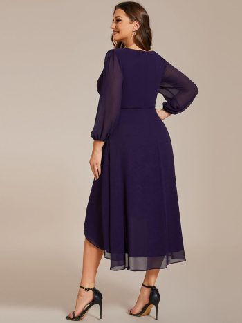 Plus Size Chiffon A-Line Long Sleeves Asymmetrical Hem Wedding Guest Dress - Dark Purple