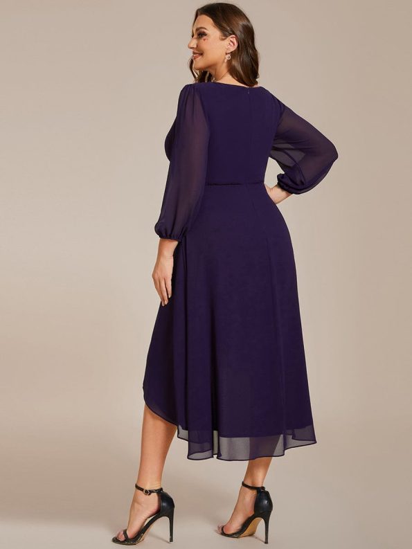 Long Sleeves Asymmetrical Hem A-Line Midi Wedding Guest Dress - Dark Purple