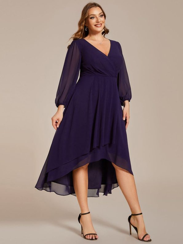 Long Sleeves Asymmetrical Hem A-Line Midi Wedding Guest Dress - Dark Purple