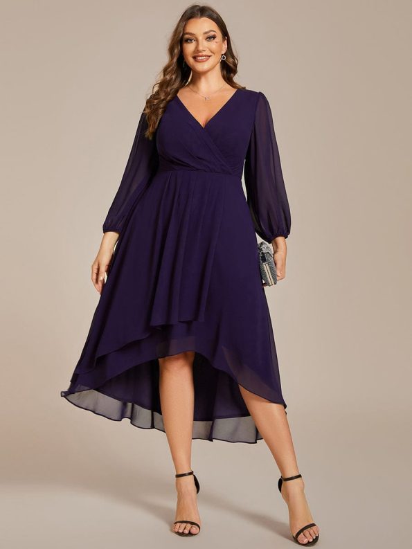 Plus Size Chiffon A-Line Long Sleeves Asymmetrical Hem Wedding Guest Dress - Dark Purple