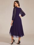 Long Sleeves Asymmetrical Hem A-Line Midi Wedding Guest Dress – Dark Purple