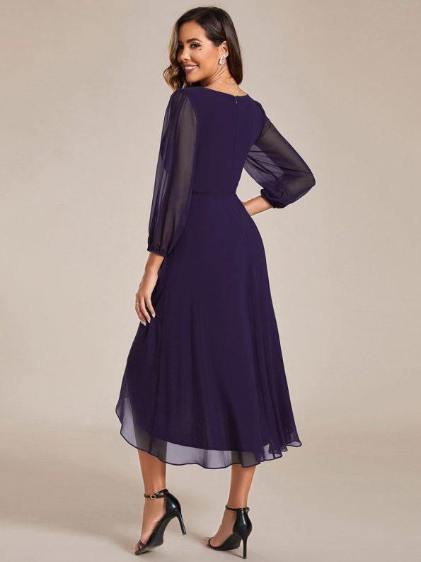 Long Sleeves Asymmetrical Hem A-Line Midi Wedding Guest Dress - Dark Purple