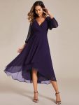 Long Sleeves Asymmetrical Hem A-Line Midi Wedding Guest Dress – Dark Purple