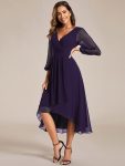 Long Sleeves Asymmetrical Hem A-Line Midi Wedding Guest Dress – Dark Purple