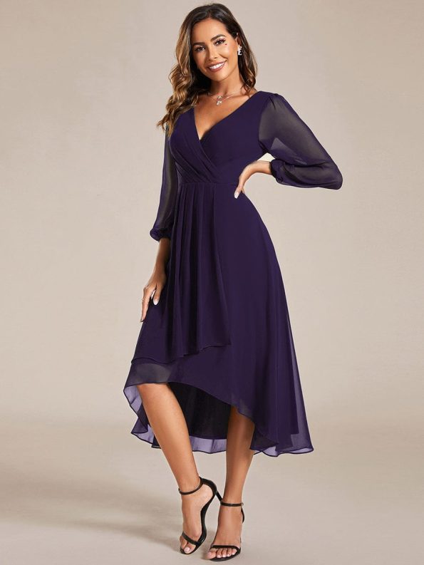 Long Sleeves Asymmetrical Hem A-Line Midi Wedding Guest Dress - Dark Purple