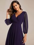 Long Sleeves Asymmetrical Hem A-Line Midi Wedding Guest Dress – Dark Purple