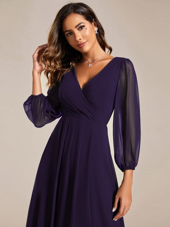 Long Sleeves Asymmetrical Hem A-Line Midi Wedding Guest Dress - Dark Purple