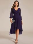 Long Sleeves Asymmetrical Hem A-Line Midi Wedding Guest Dress - Dark Purple