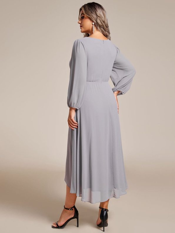 Long Sleeves Asymmetrical Hem A-Line Midi Wedding Guest Dress - Grey