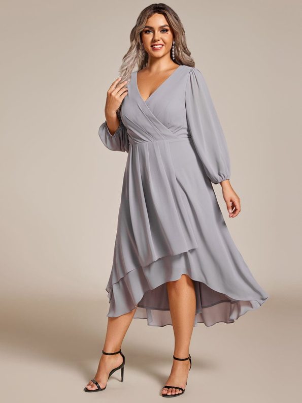 Long Sleeves Asymmetrical Hem A-Line Midi Wedding Guest Dress - Grey