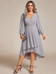 Plus Size Chiffon A-Line Long Sleeves Asymmetrical Hem Wedding Guest Dress – Grey