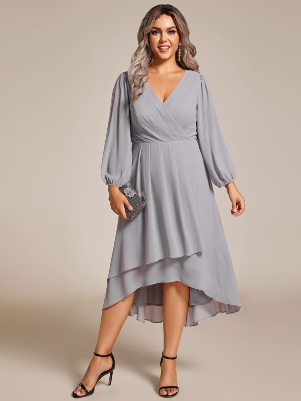 Plus Size Chiffon A-Line Long Sleeves Asymmetrical Hem Wedding Guest Dress - Grey