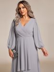 Plus Size Chiffon A-Line Long Sleeves Asymmetrical Hem Wedding Guest Dress – Grey