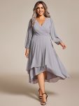 Plus Size Chiffon A-Line Long Sleeves Asymmetrical Hem Wedding Guest Dress – Grey