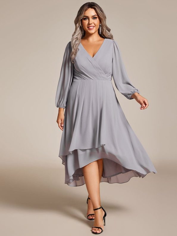 Plus Size Chiffon A-Line Long Sleeves Asymmetrical Hem Wedding Guest Dress - Grey