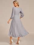 Long Sleeves Asymmetrical Hem A-Line Midi Wedding Guest Dress – Grey