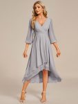 Long Sleeves Asymmetrical Hem A-Line Midi Wedding Guest Dress – Grey