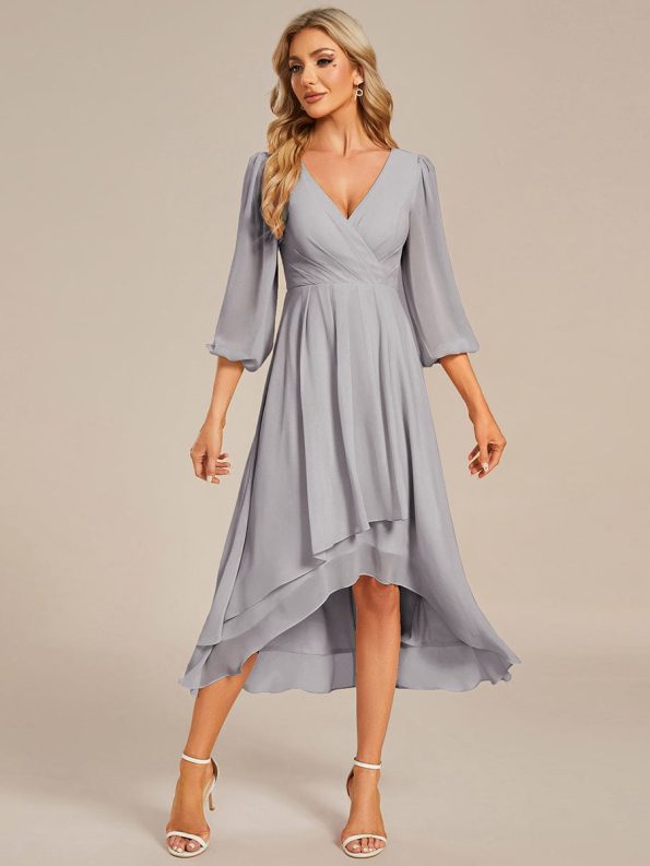 Long Sleeves Asymmetrical Hem A-Line Midi Wedding Guest Dress - Grey