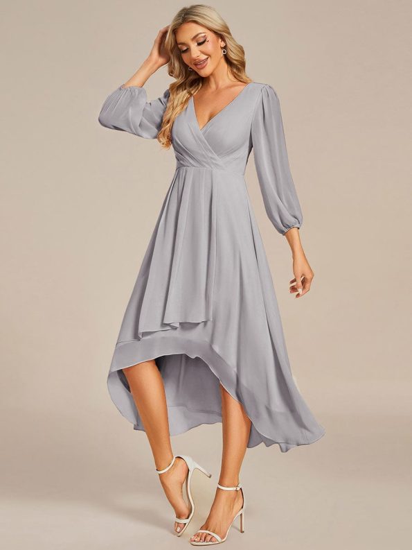 Long Sleeves Asymmetrical Hem A-Line Midi Wedding Guest Dress - Grey