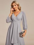 Long Sleeves Asymmetrical Hem A-Line Midi Wedding Guest Dress – Grey