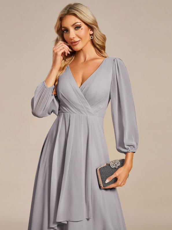 Long Sleeves Asymmetrical Hem A-Line Midi Wedding Guest Dress - Grey