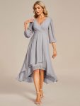 Long Sleeves Asymmetrical Hem A-Line Midi Wedding Guest Dress – Grey