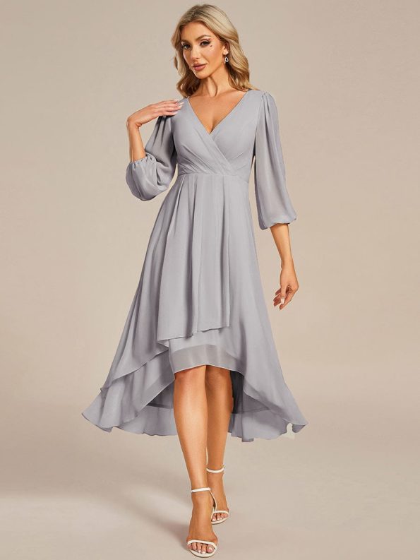 Long Sleeves Asymmetrical Hem A-Line Midi Wedding Guest Dress - Grey