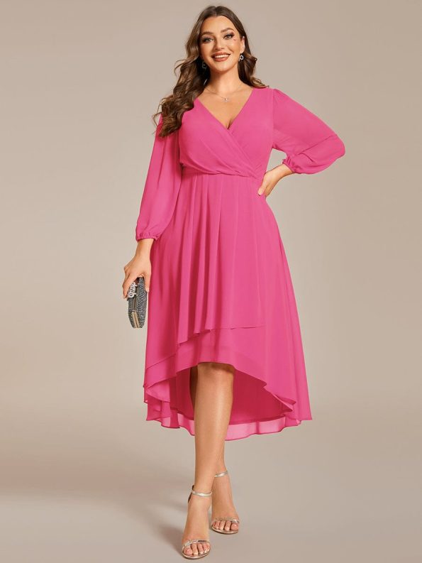 Plus Size Chiffon A-Line Long Sleeves Asymmetrical Hem Wedding Guest Dress - Hot Pink