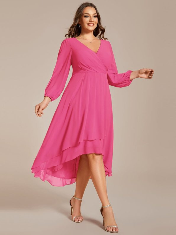 Plus Size Chiffon A-Line Long Sleeves Asymmetrical Hem Wedding Guest Dress - Hot Pink