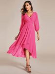 Long Sleeves Asymmetrical Hem A-Line Midi Wedding Guest Dress – Hot Pink