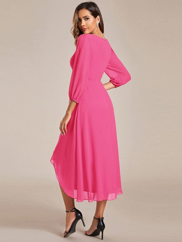 Long Sleeves Asymmetrical Hem A-Line Midi Wedding Guest Dress - Hot Pink