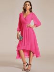 Long Sleeves Asymmetrical Hem A-Line Midi Wedding Guest Dress – Hot Pink