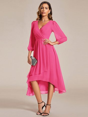 Long Sleeves Asymmetrical Hem A-Line Midi Wedding Guest Dress - Hot Pink