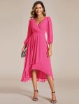 Long Sleeves Asymmetrical Hem A-Line Midi Wedding Guest Dress – Hot Pink