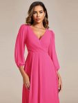 Long Sleeves Asymmetrical Hem A-Line Midi Wedding Guest Dress – Hot Pink