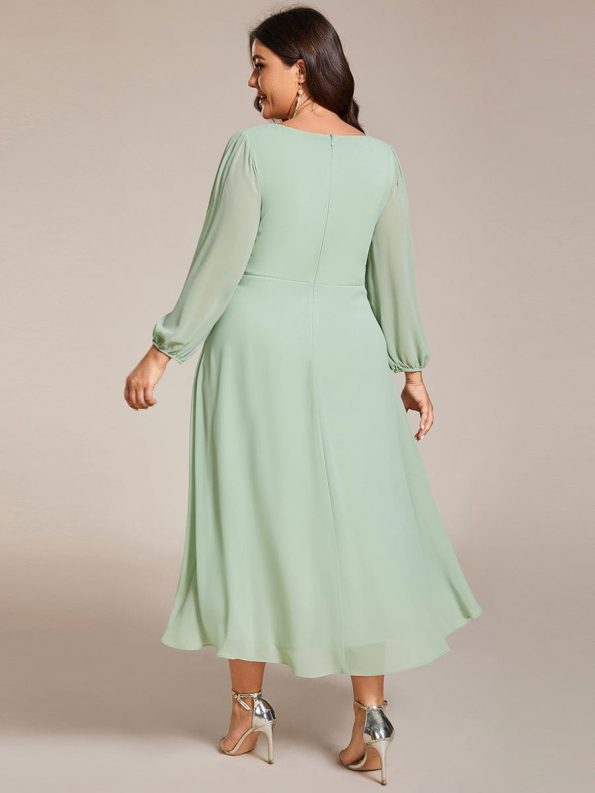 Long Sleeves Asymmetrical Hem A-Line Midi Wedding Guest Dress - Mint Green