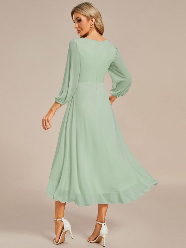 Long Sleeves Asymmetrical Hem A-Line Midi Wedding Guest Dress - Mint Green