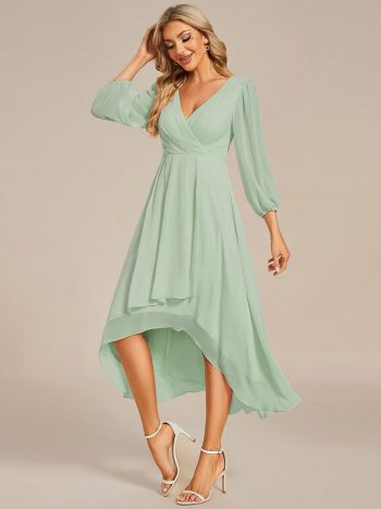 Long Sleeves Asymmetrical Hem A-Line Midi Wedding Guest Dress - Mint Green