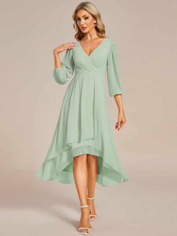 Long Sleeves Asymmetrical Hem A-Line Midi Wedding Guest Dress - Mint Green