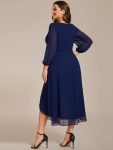 Plus Size Chiffon A-Line Long Sleeves Asymmetrical Hem Wedding Guest Dress – Navy Blue